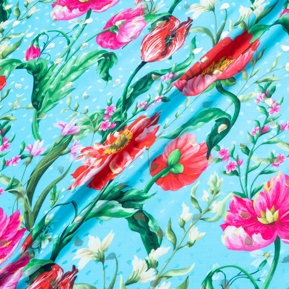 Fuchsia Floral Printed Sky Blue Silk Jacquard