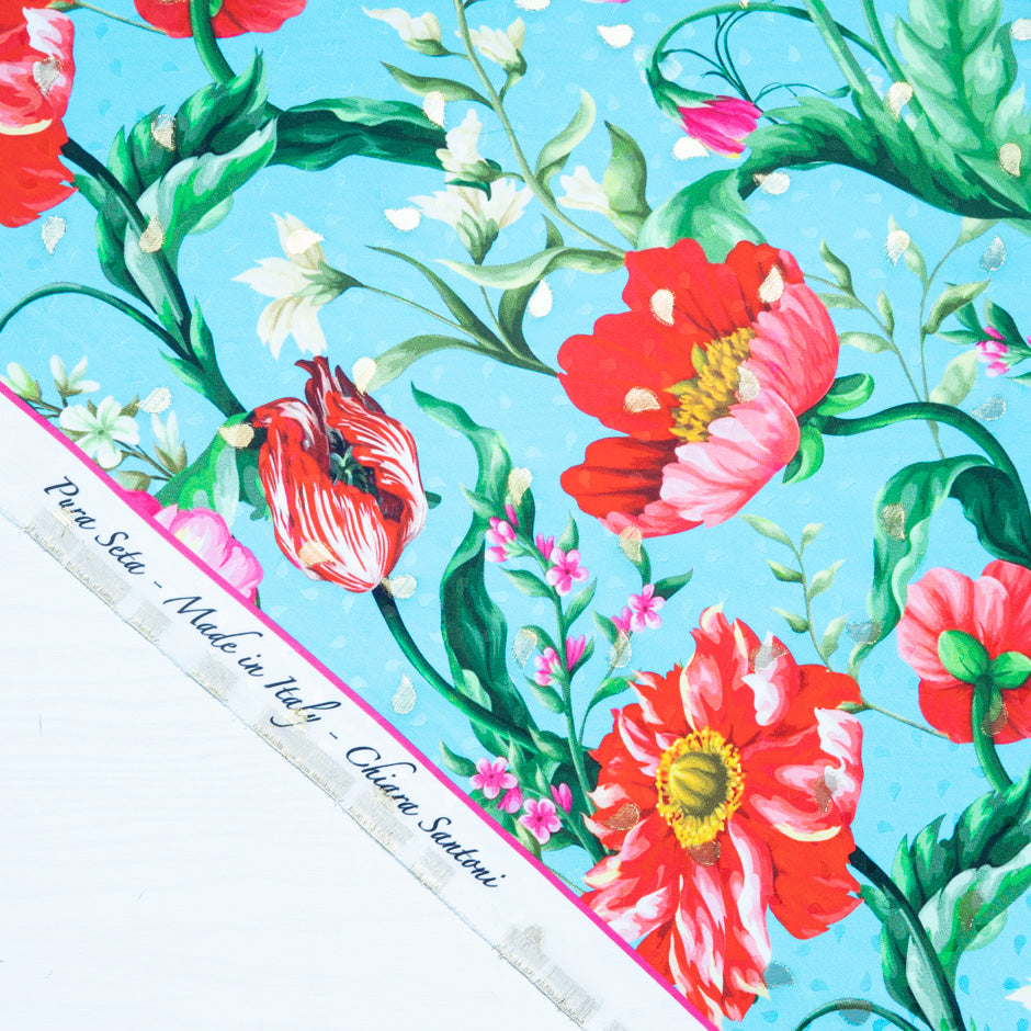 Fuchsia Floral Printed Sky Blue Silk Jacquard