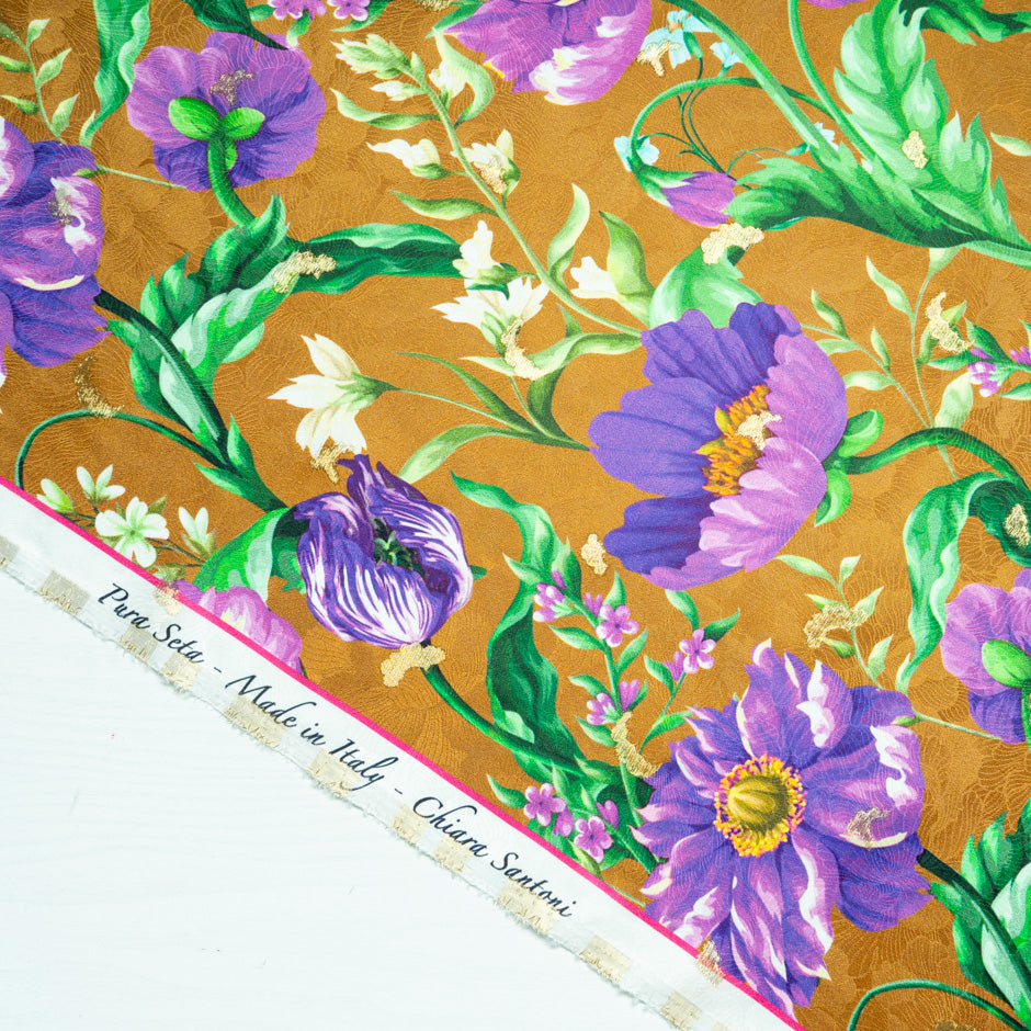 Purple Floral Printed Silk Floral Jacquard