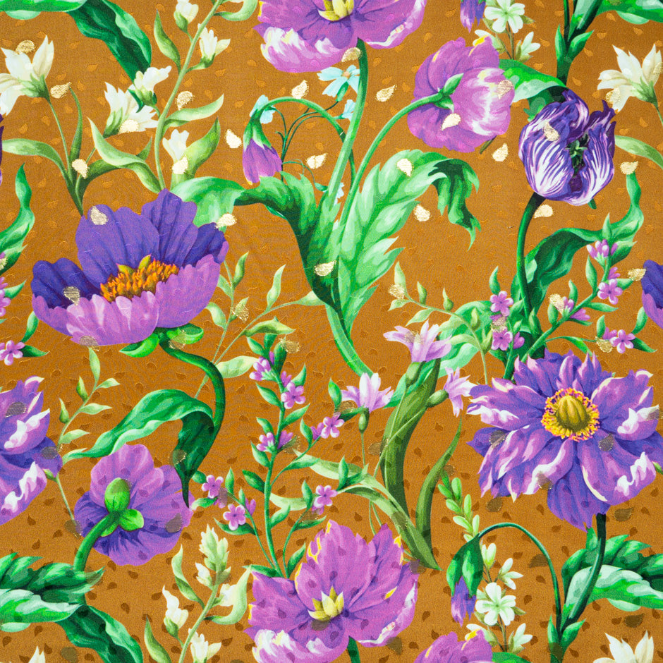 Purple Floral Printed Bronze Silk Jacquard