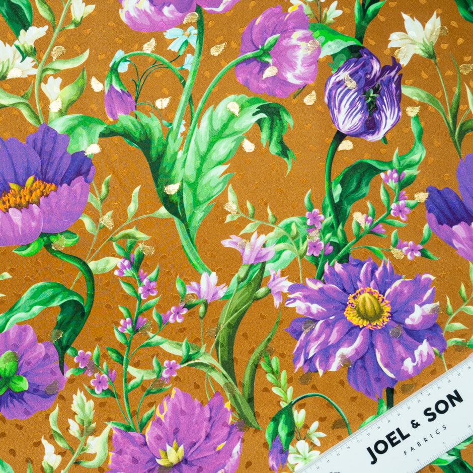 Purple Floral Printed Bronze Silk Jacquard