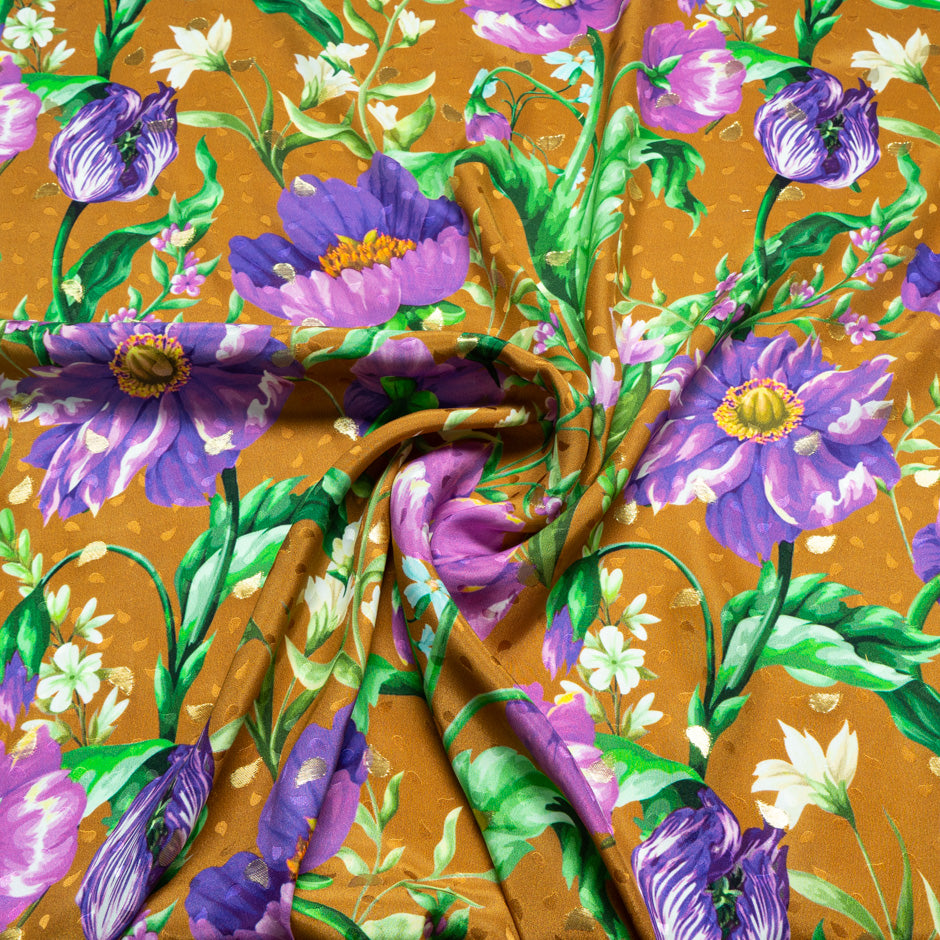 Purple Floral Printed Bronze Silk Jacquard