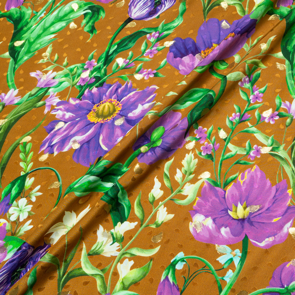 Purple Floral Printed Bronze Silk Jacquard