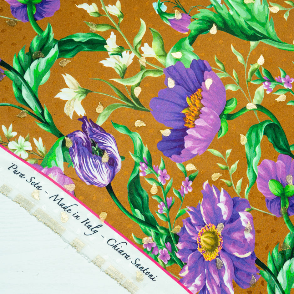 Purple Floral Printed Bronze Silk Jacquard