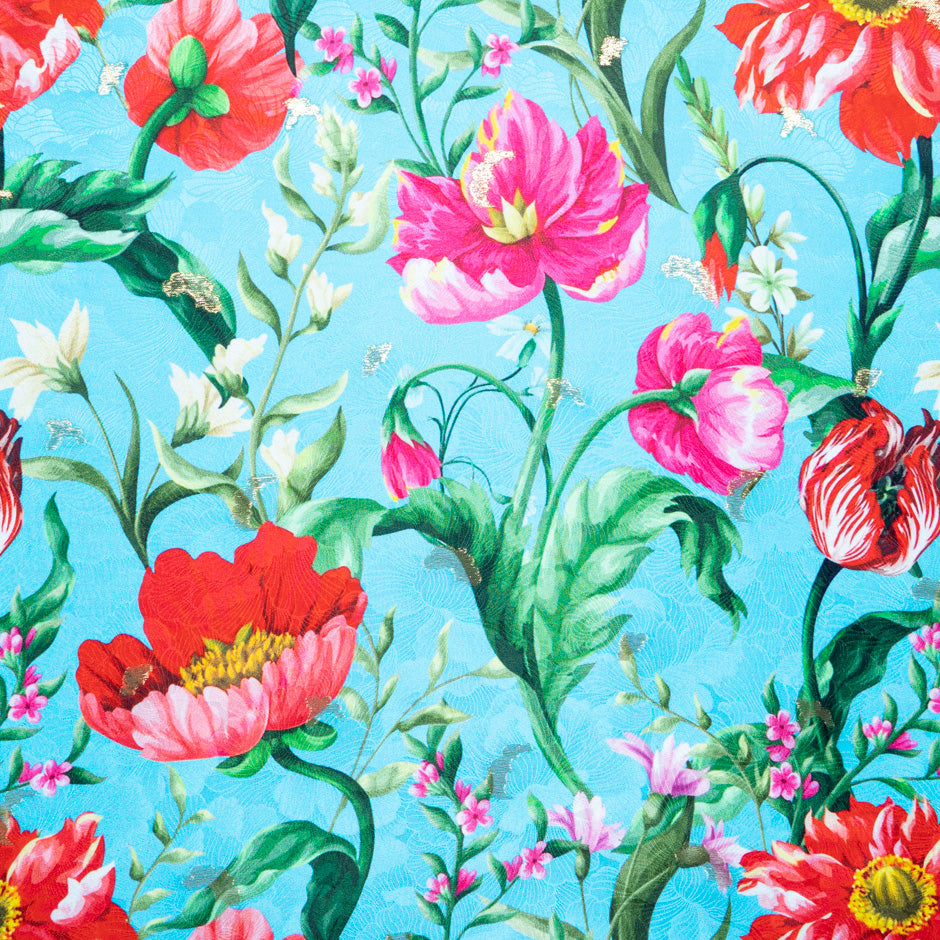 Poppy Floral Printed Blue Silk Floral Jacquard