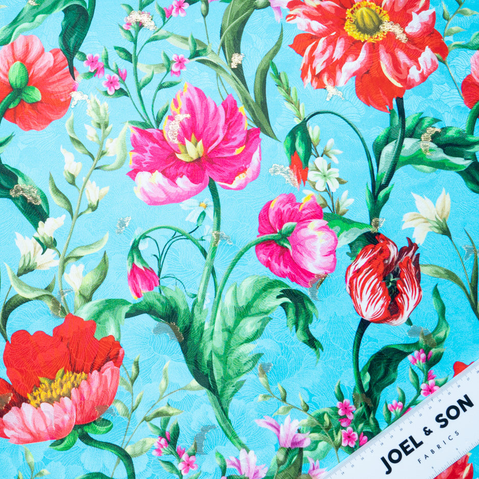 Poppy Floral Printed Blue Silk Floral Jacquard
