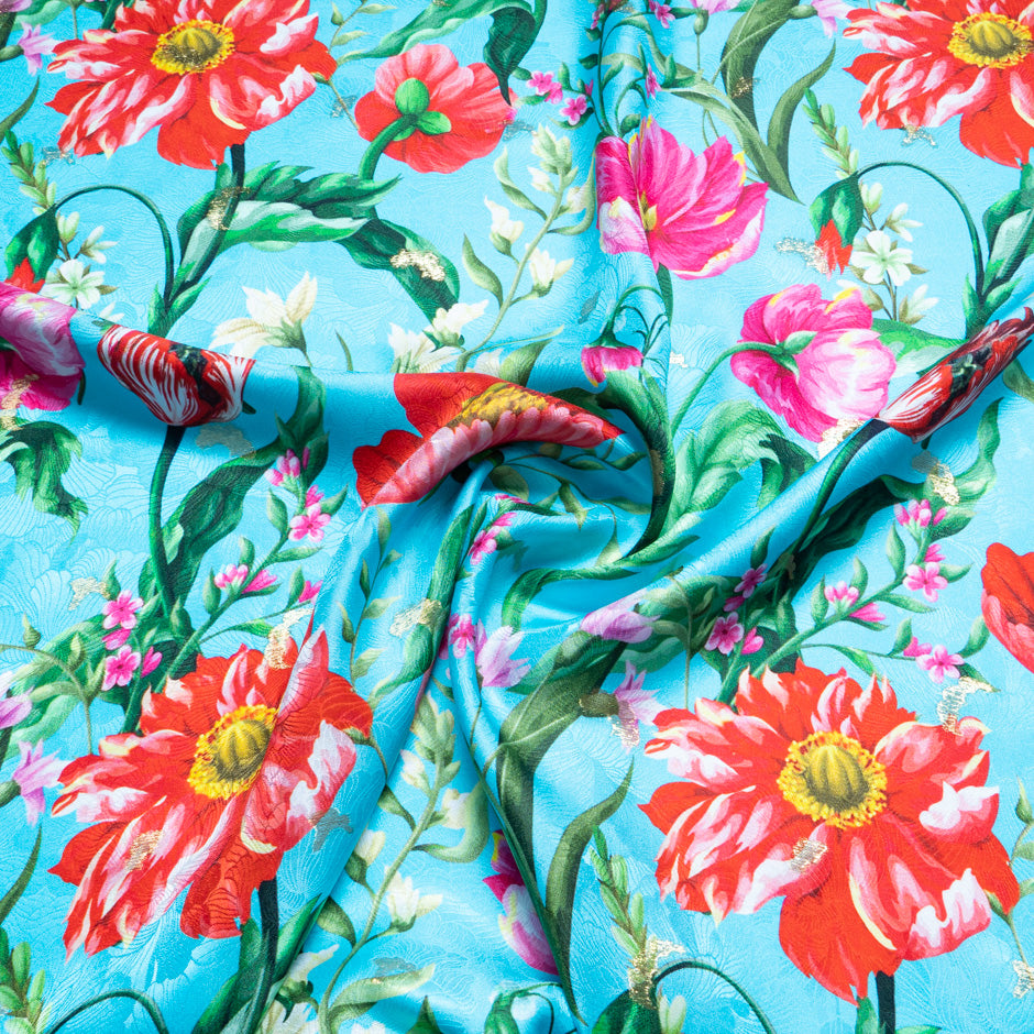 Poppy Floral Printed Blue Silk Floral Jacquard