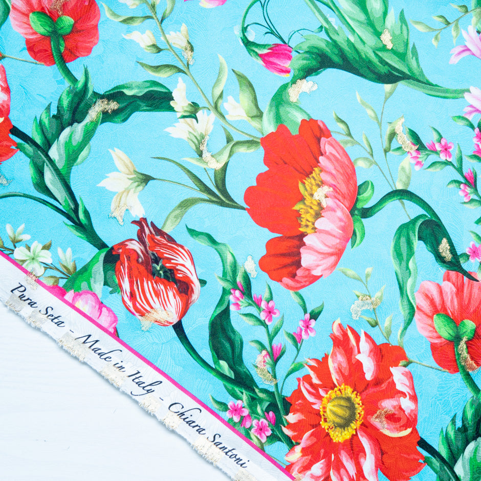 Poppy Floral Printed Blue Silk Floral Jacquard