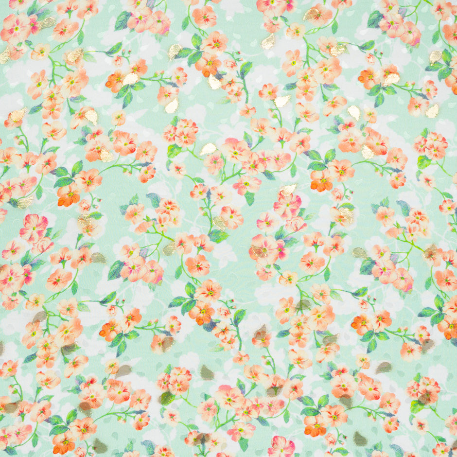 Orange Floral Printed Green Silk Jacquard