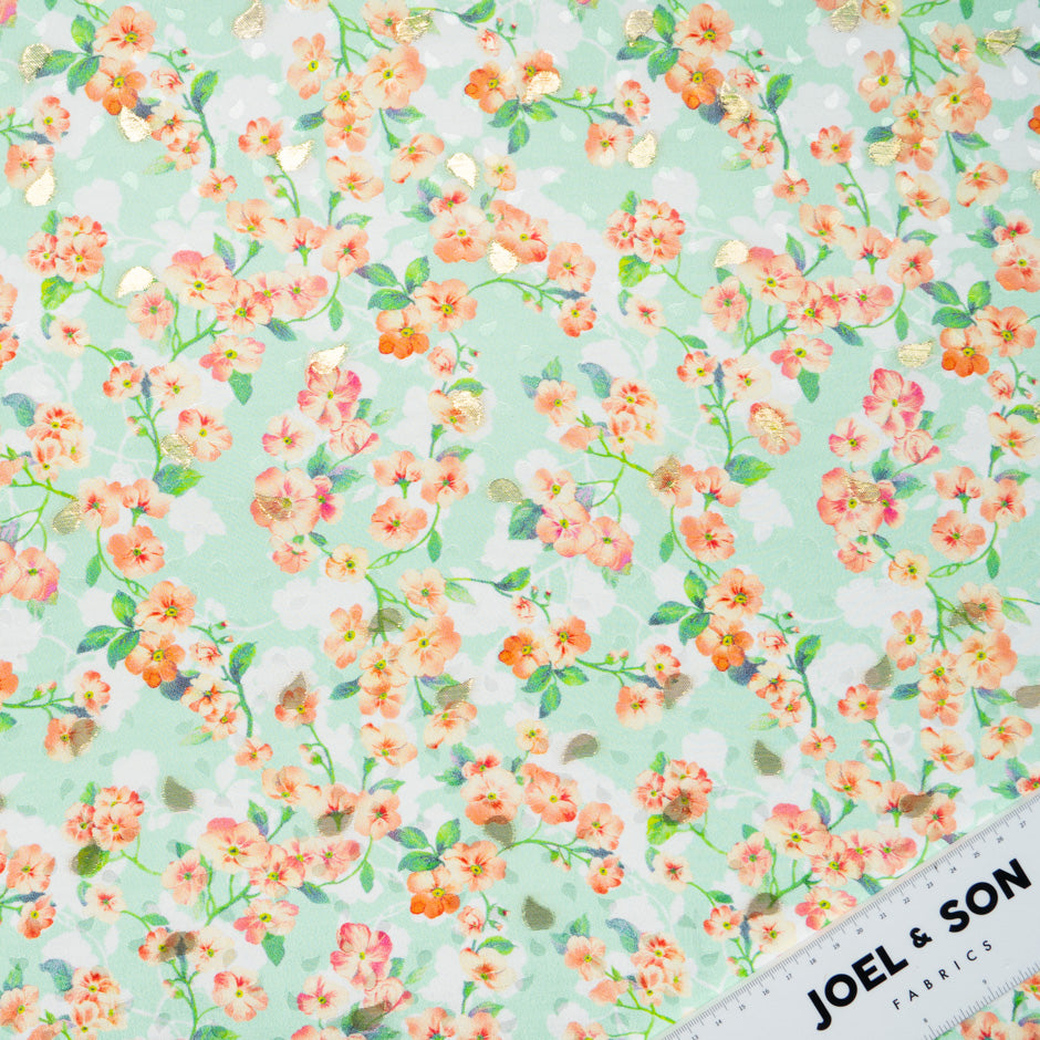 Orange Floral Printed Green Silk Jacquard