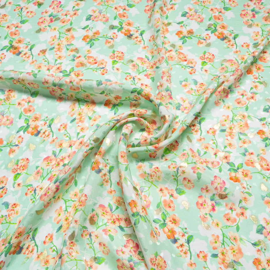 Orange Floral Printed Green Silk Jacquard