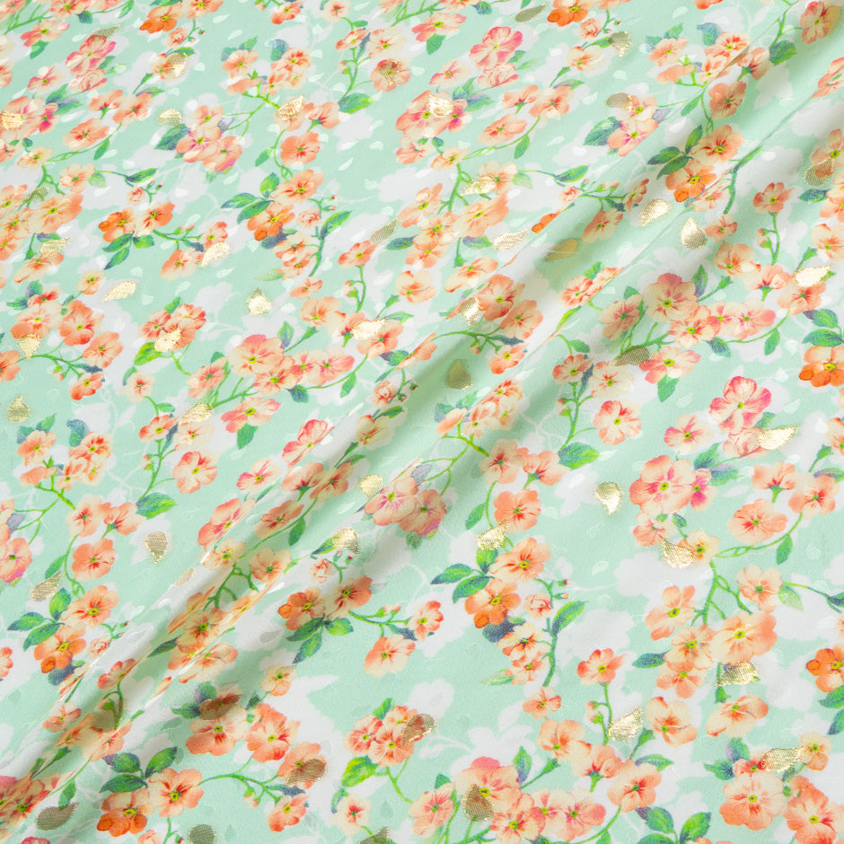 Orange Floral Printed Green Silk Jacquard