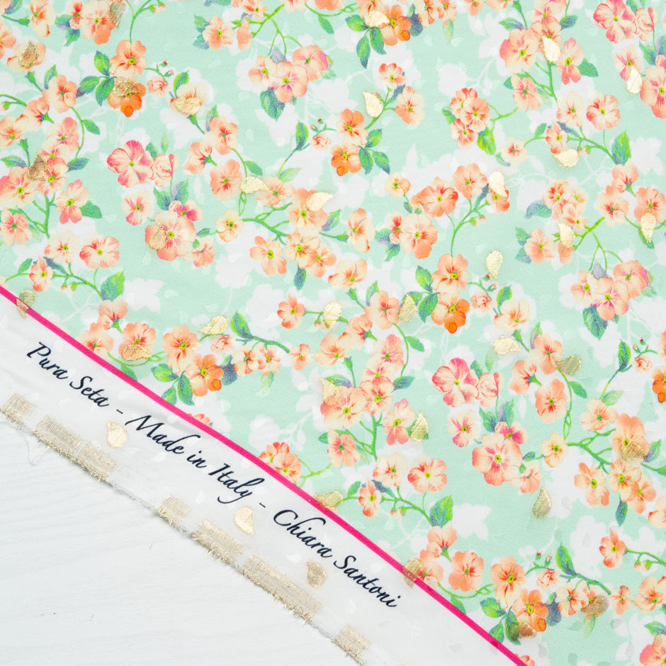 Orange Floral Printed Green Silk Jacquard