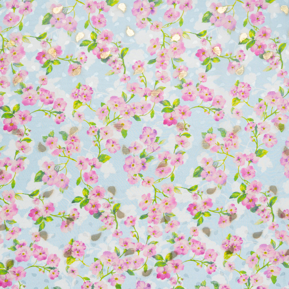 Pink & Lilac Floral Printed Baby Blue Silk Jacquard