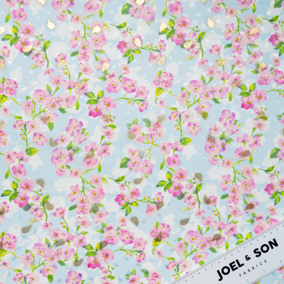 Pink & Lilac Floral Printed Baby Blue Silk Jacquard