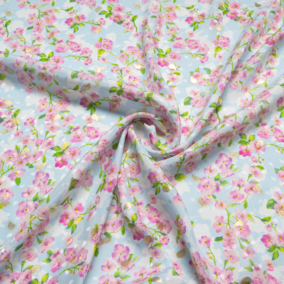 Pink & Lilac Floral Printed Baby Blue Silk Jacquard