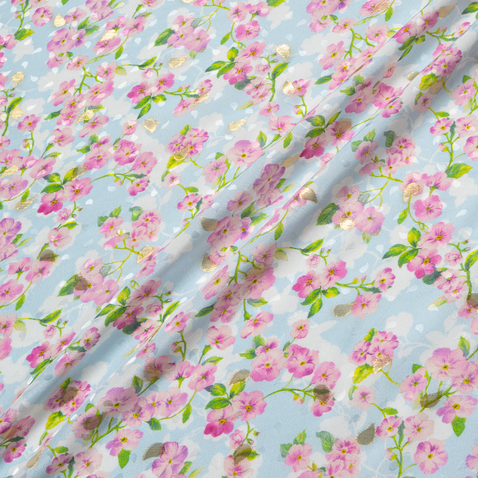 Pink & Lilac Floral Printed Baby Blue Silk Jacquard