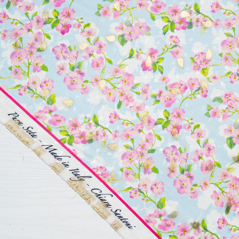 Pink & Lilac Floral Printed Baby Blue Silk Jacquard