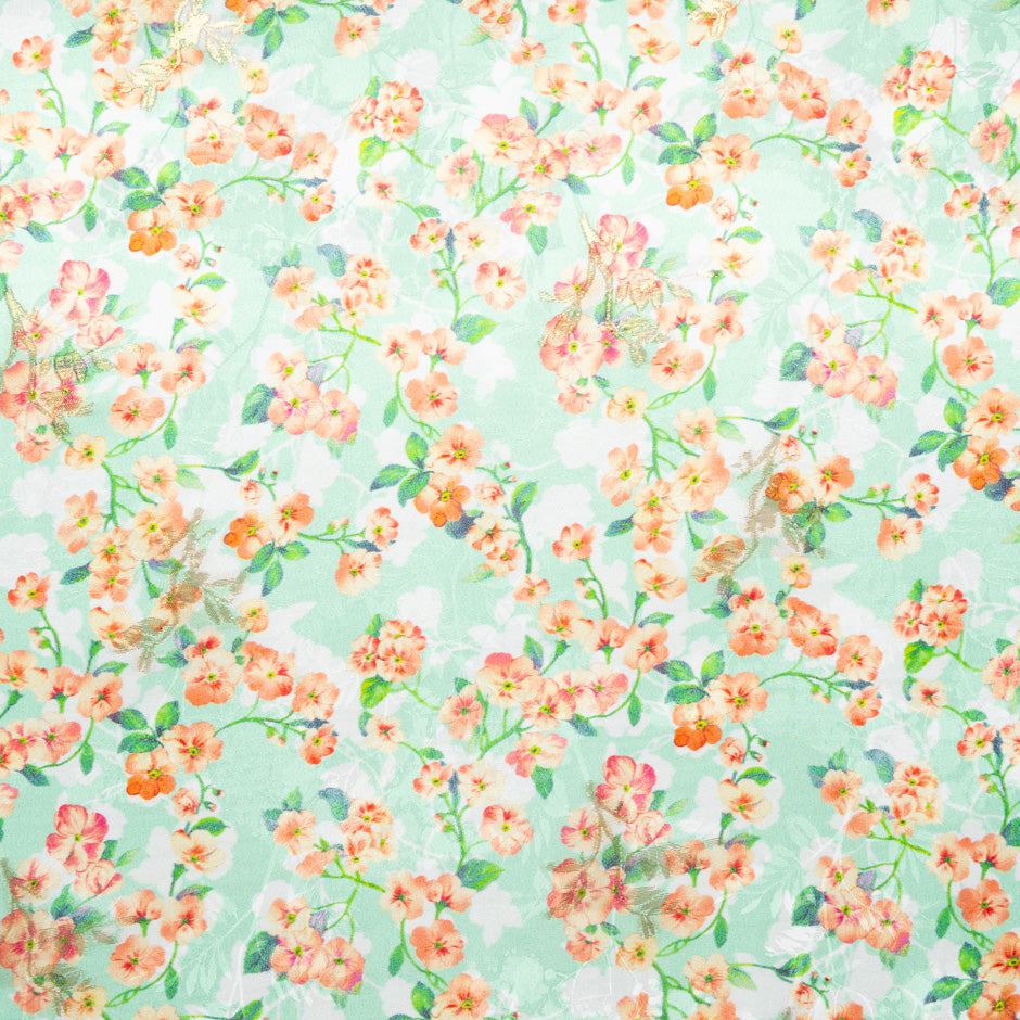 Orange Floral Printed Mint Green Silk Jacquard