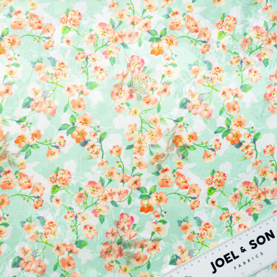 Orange Floral Printed Mint Green Silk Jacquard