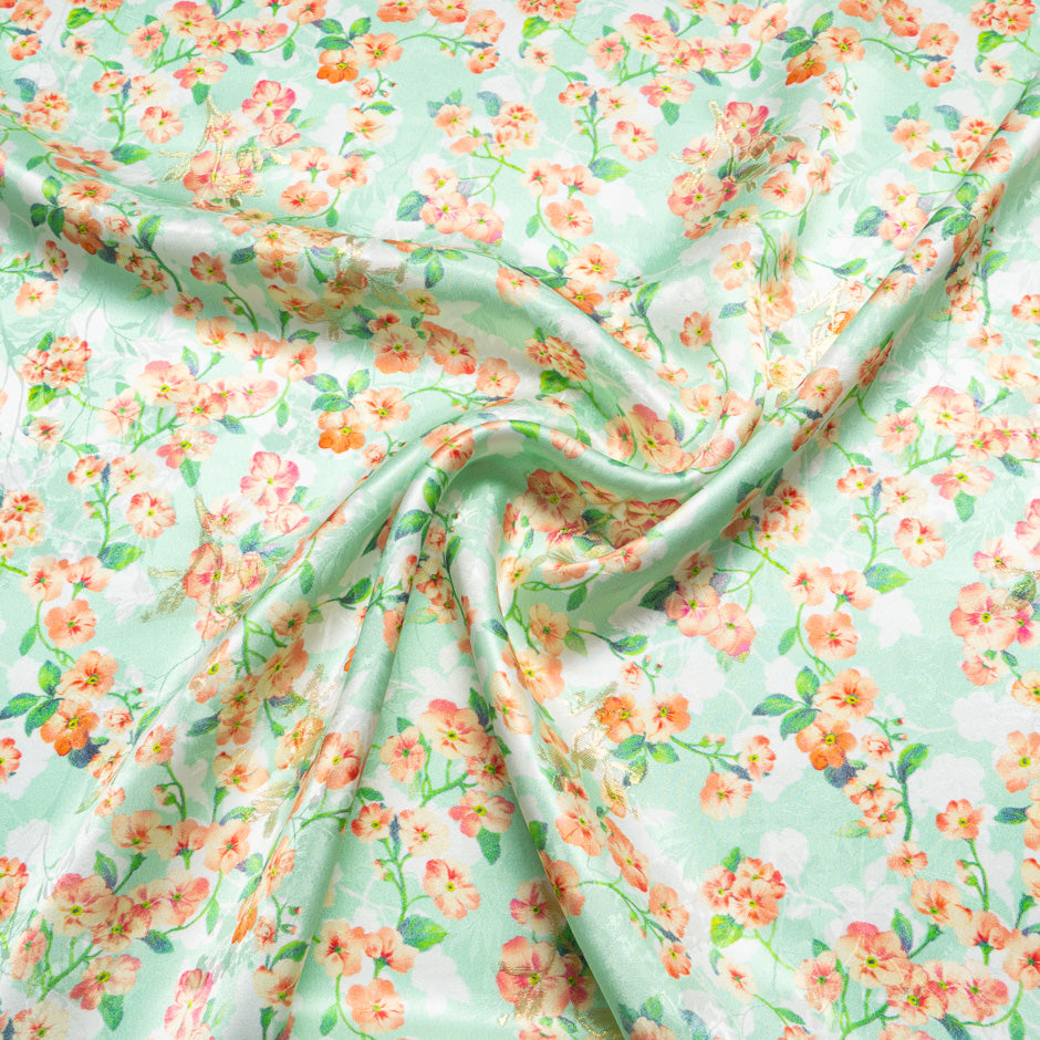 Orange Floral Printed Mint Green Silk Jacquard