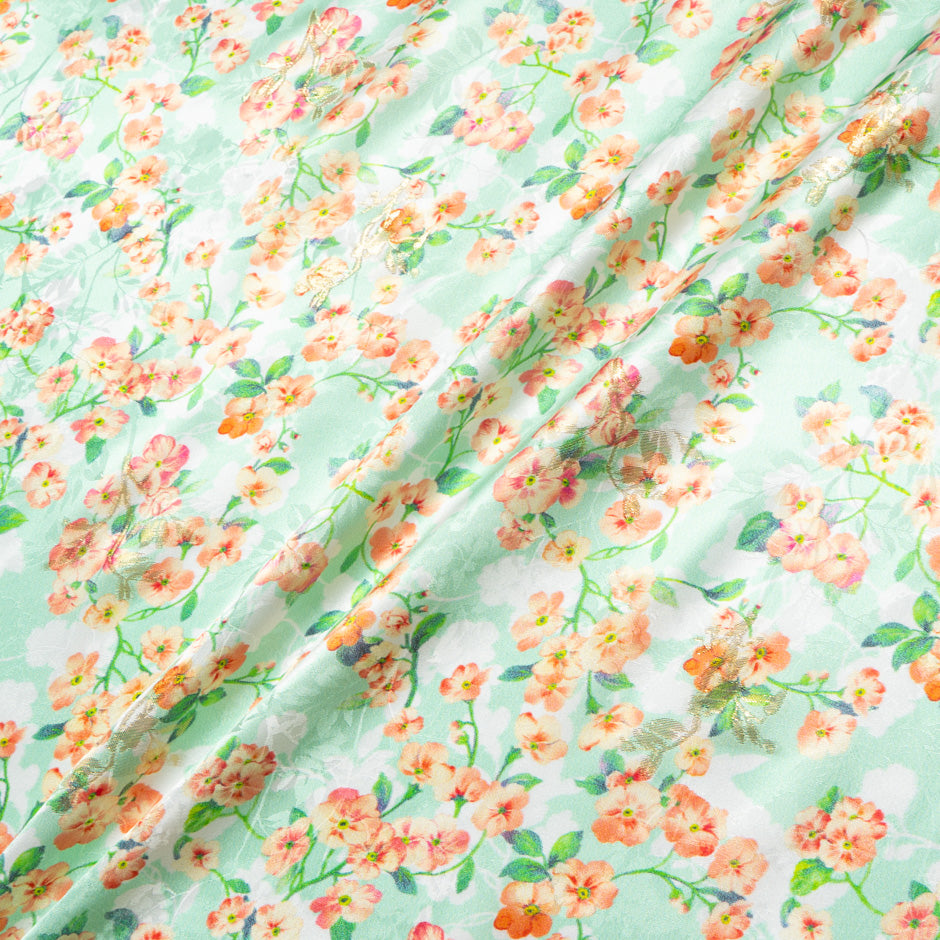 Orange Floral Printed Mint Green Silk Jacquard