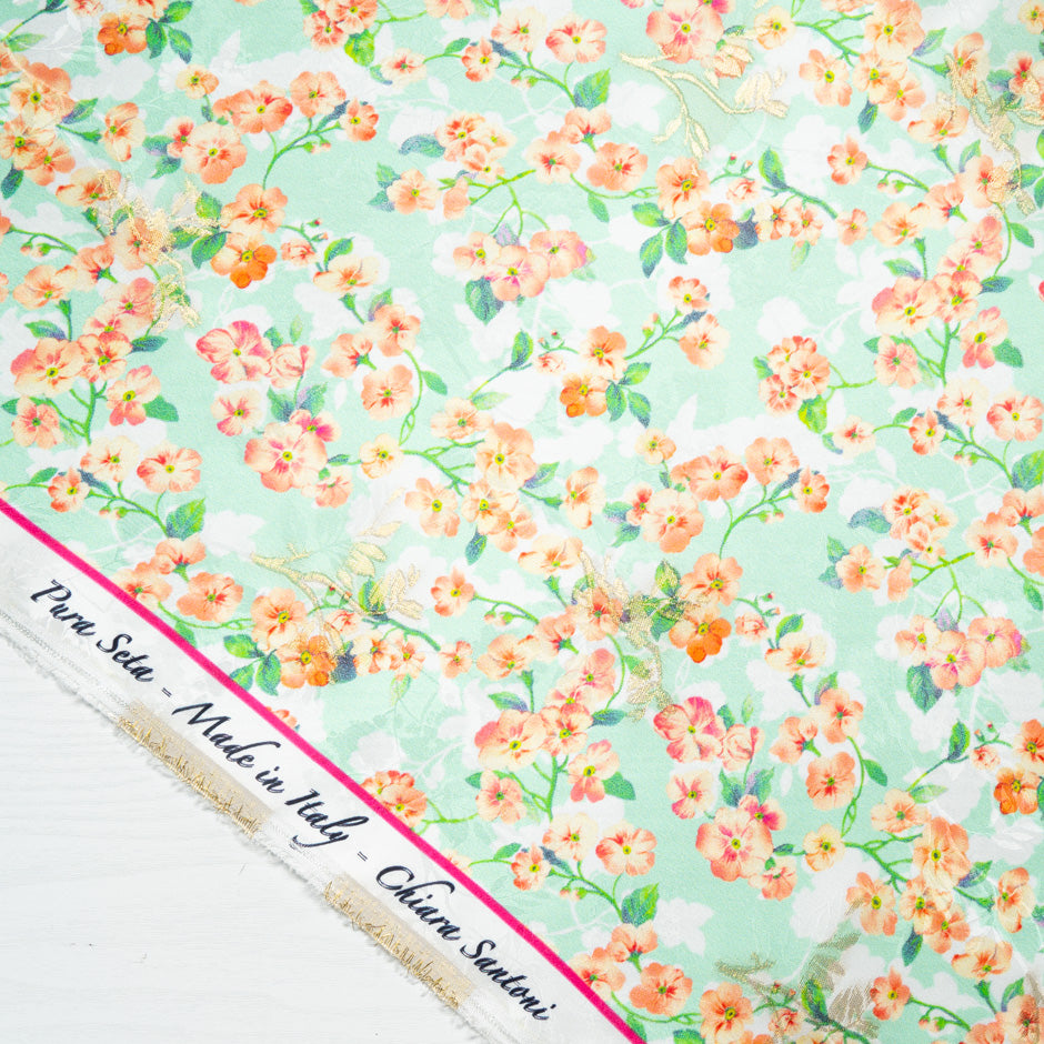 Orange Floral Printed Mint Green Silk Jacquard