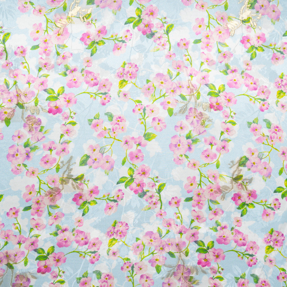 Pink & Lilac Floral Printed Sky Blue Silk Jacquard