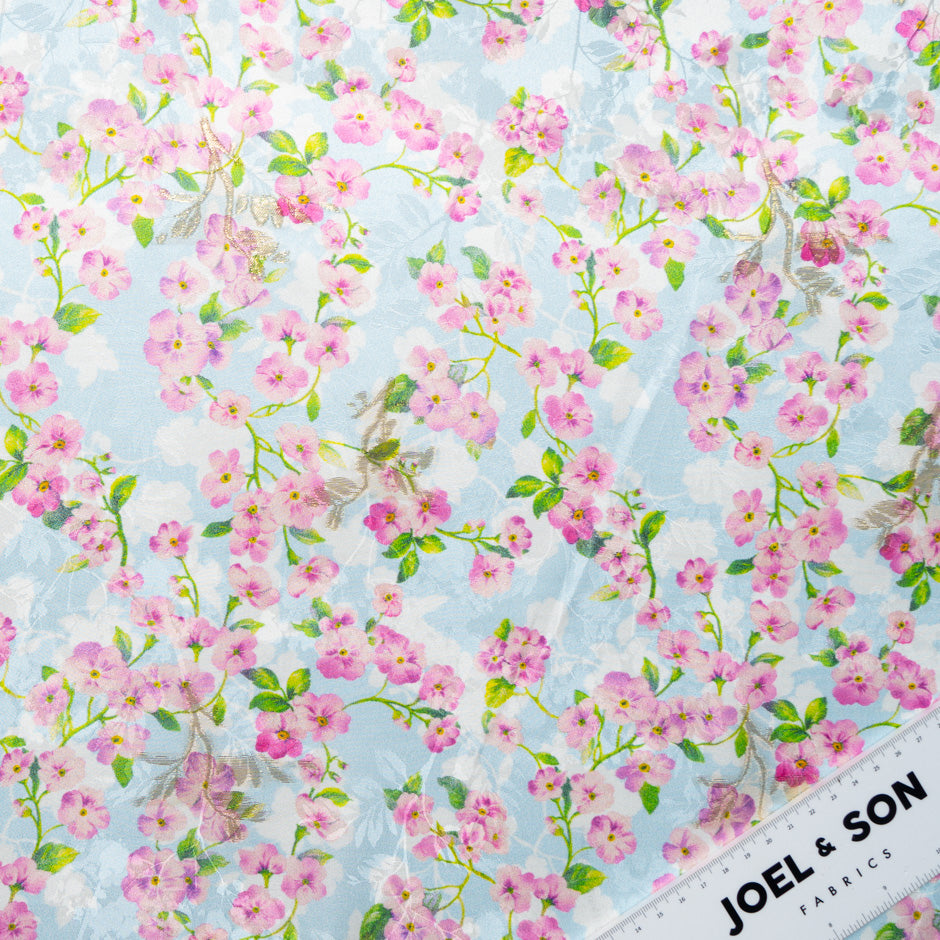 Pink & Lilac Floral Printed Sky Blue Silk Jacquard
