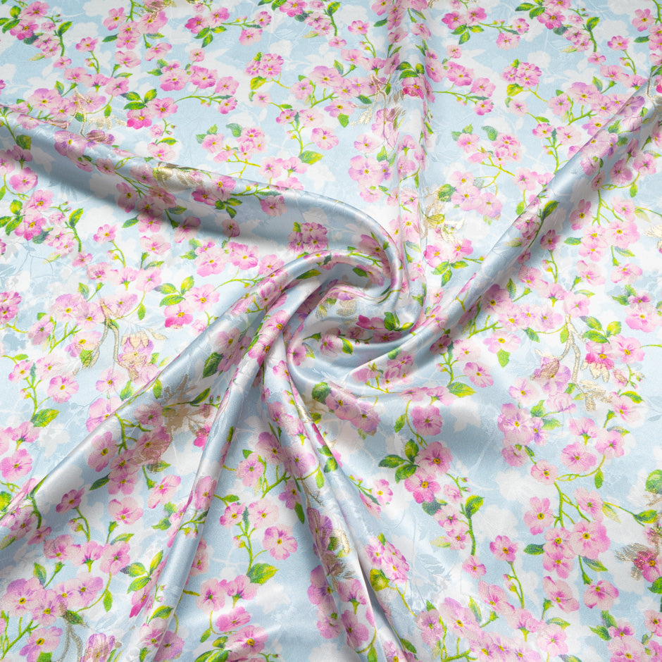 Pink & Lilac Floral Printed Sky Blue Silk Jacquard