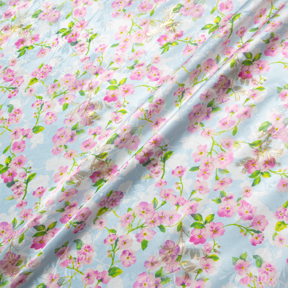 Pink & Lilac Floral Printed Sky Blue Silk Jacquard