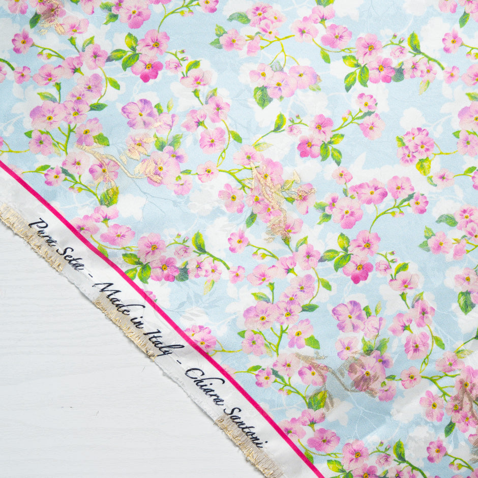 Pink & Lilac Floral Printed Sky Blue Silk Jacquard
