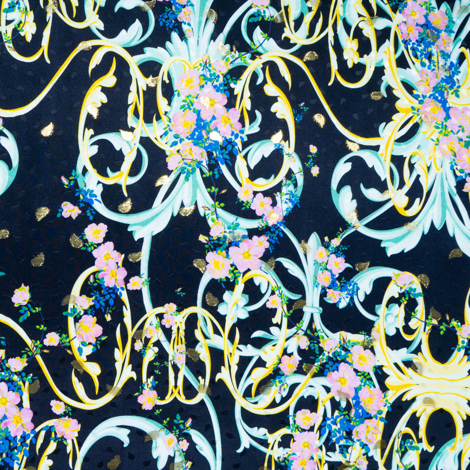 Baby Pink Floral Printed Black Silk Jacquard