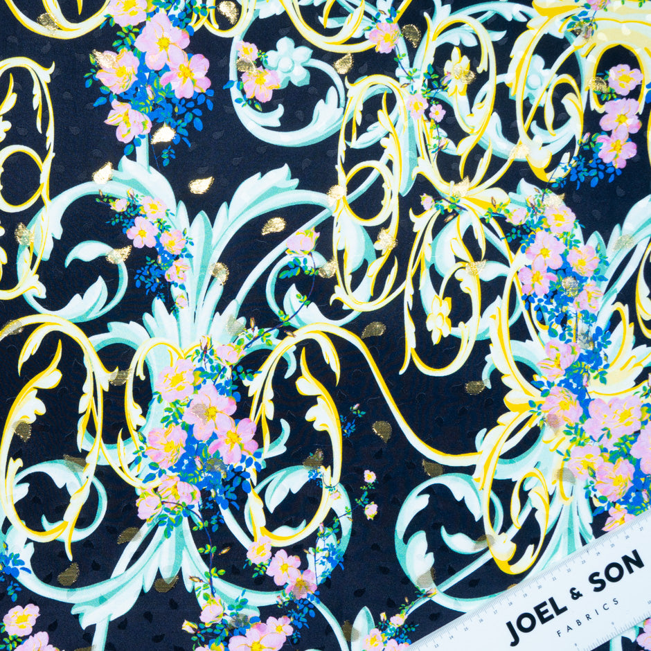 Baby Pink Floral Printed Black Silk Jacquard