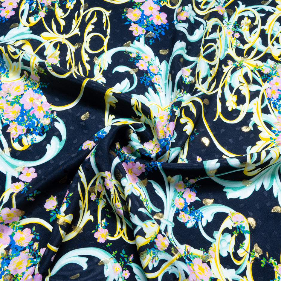 Baby Pink Floral Printed Black Silk Jacquard