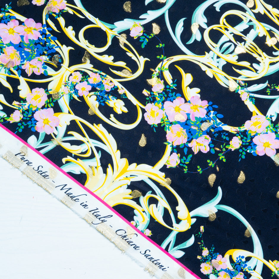 Baby Pink Floral Printed Black Silk Jacquard