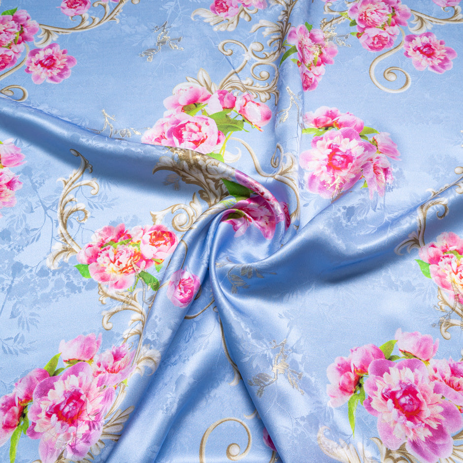 Pink Floral Printed Dusty Lilac Silk Jacquard