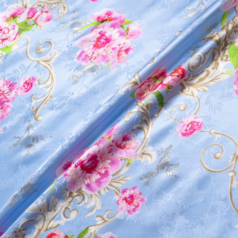 Pink Floral Printed Dusty Lilac Silk Jacquard