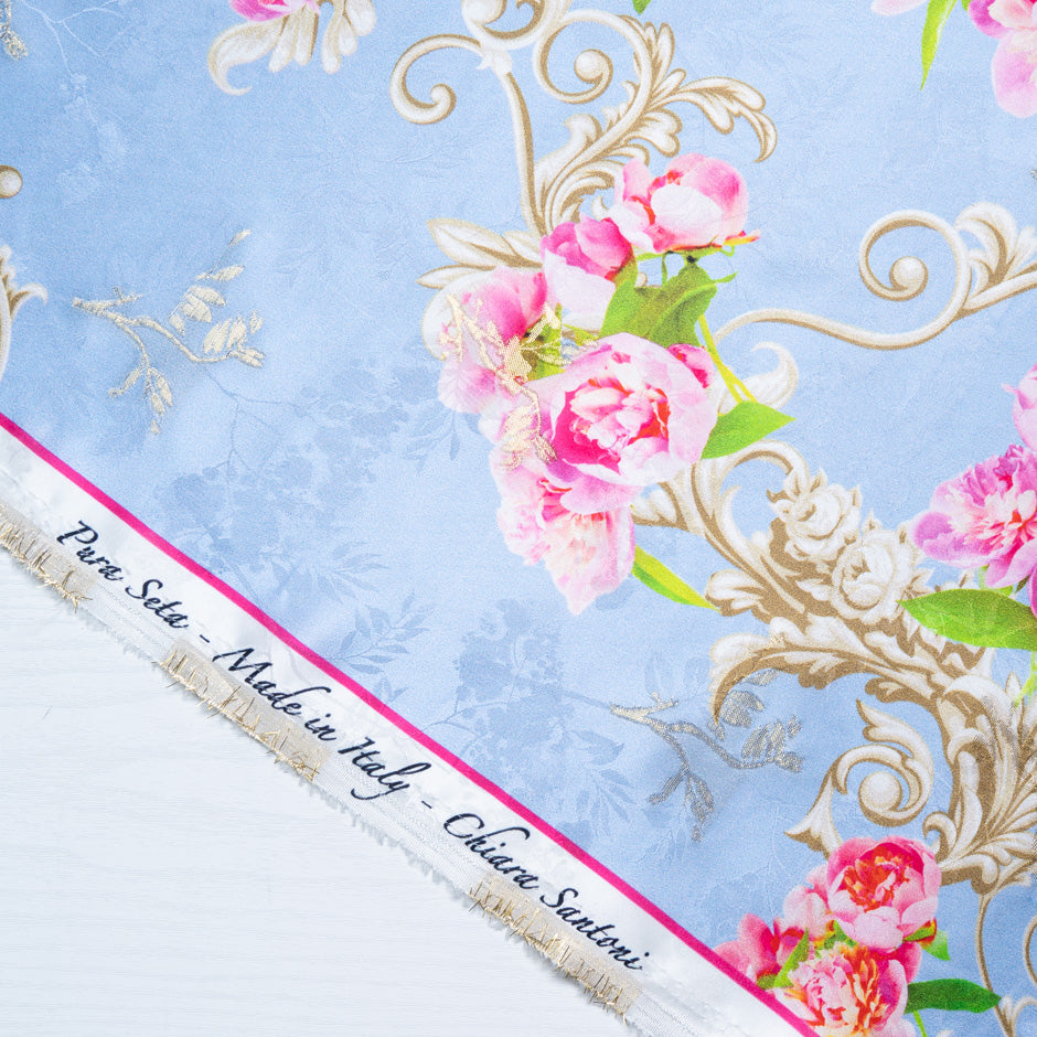 Pink Floral Printed Dusty Lilac Silk Jacquard