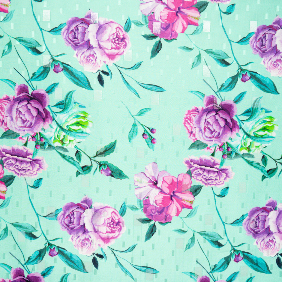 Pink & Purple Floral Printed Mint Silk Jacquard