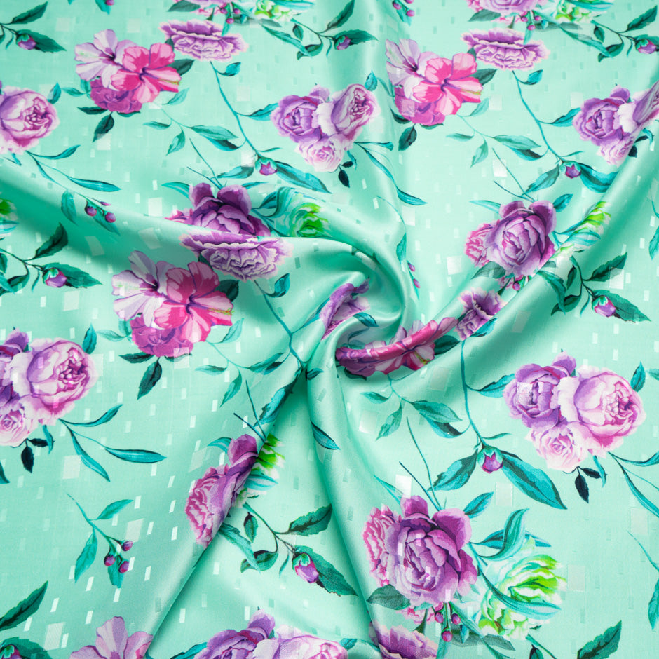 Pink & Purple Floral Printed Mint Silk Jacquard