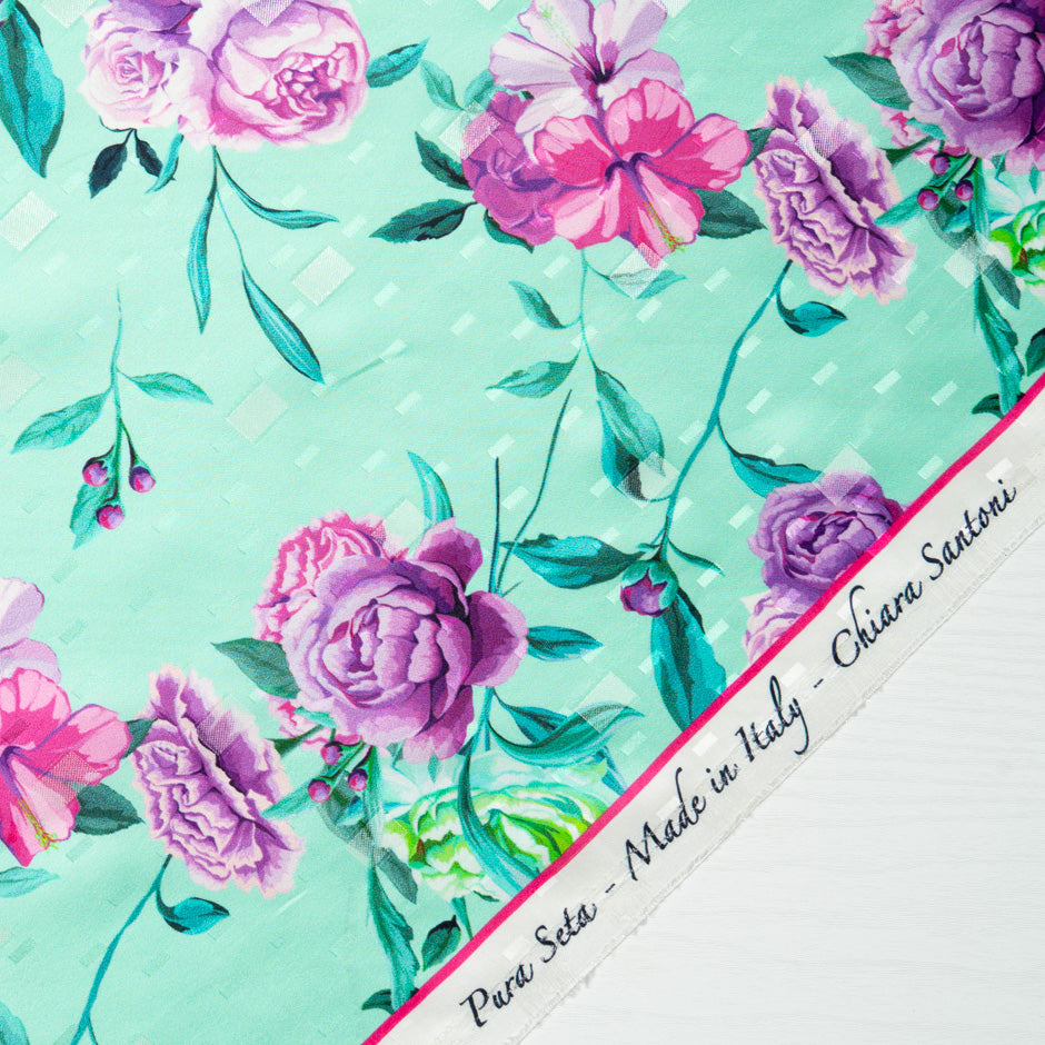 Pink & Purple Floral Printed Mint Silk Jacquard