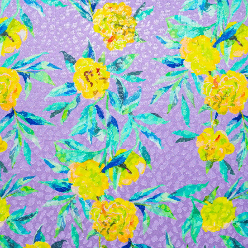 Yellow Floral Printed Lilac Silk Jacquard