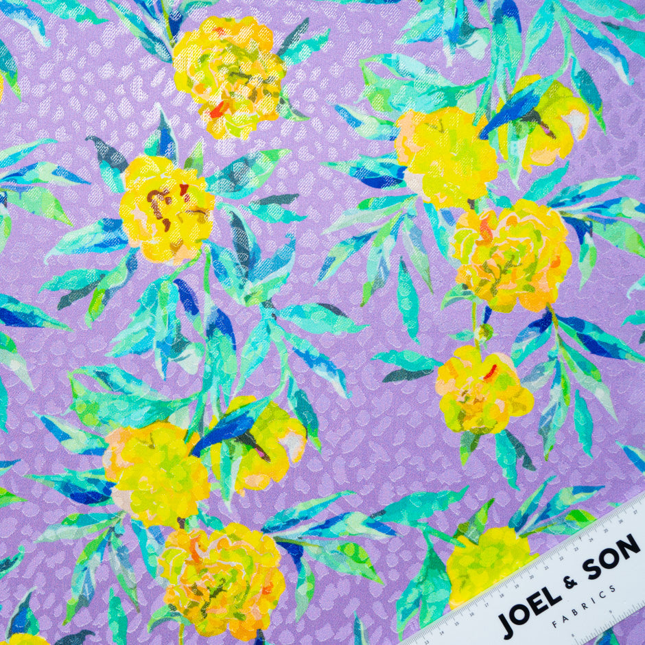 Yellow Floral Printed Lilac Silk Jacquard