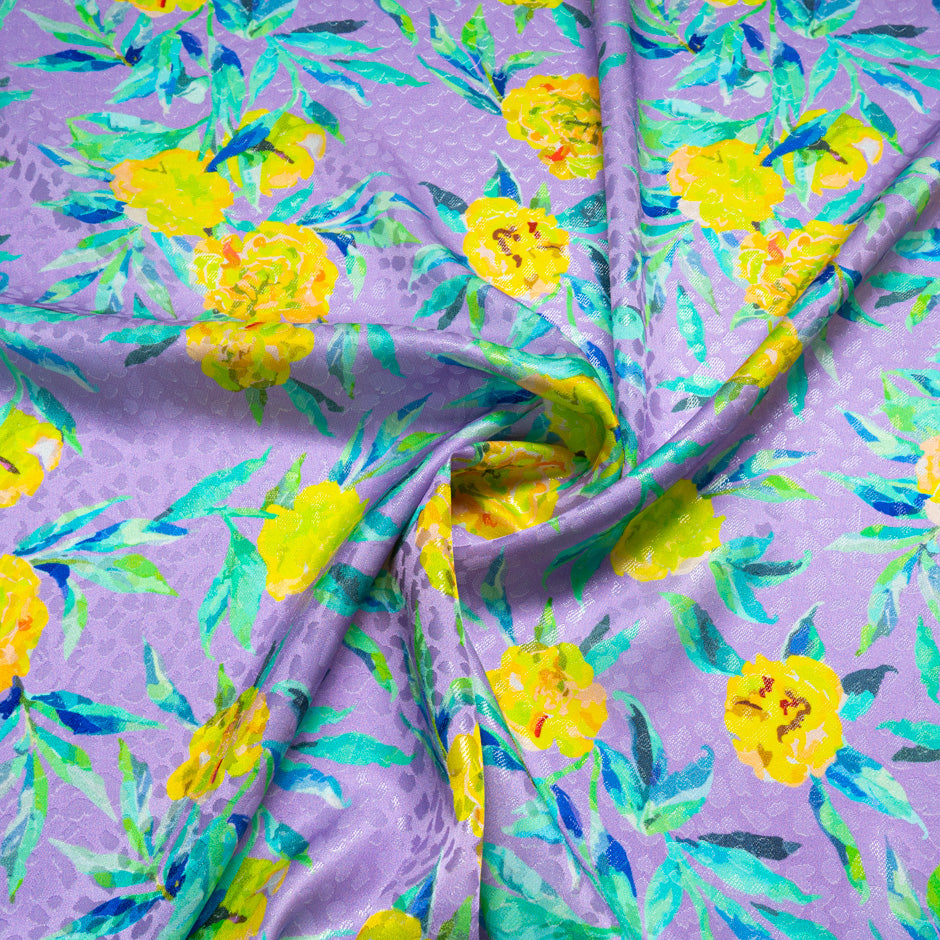 Yellow Floral Printed Lilac Silk Jacquard