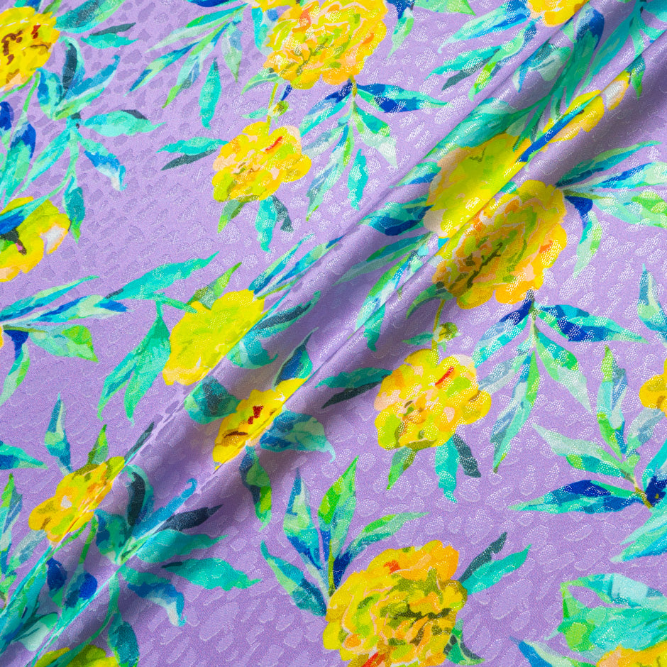 Yellow Floral Printed Lilac Silk Jacquard