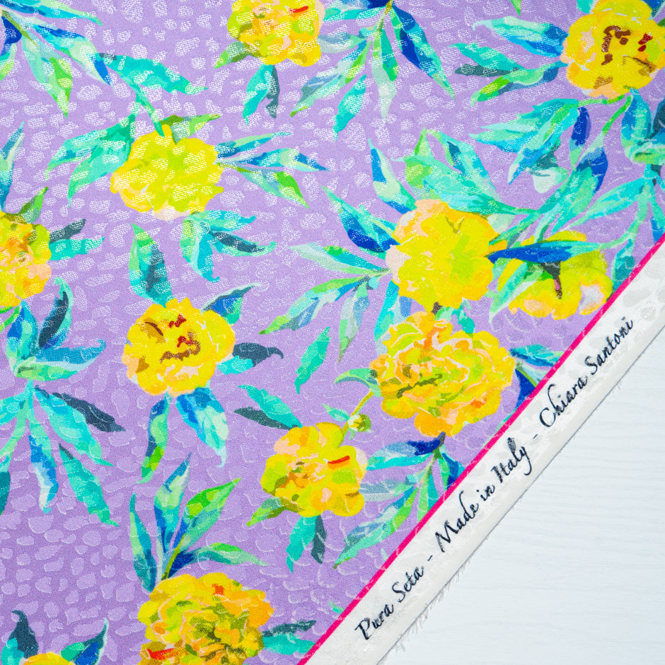 Yellow Floral Printed Lilac Silk Jacquard