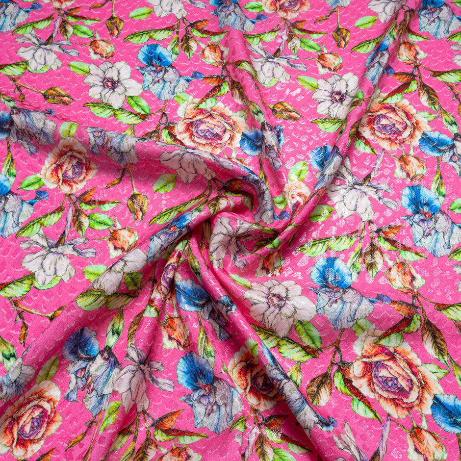 Wild Floral Printed Bubblegum Pink Silk Jacquard