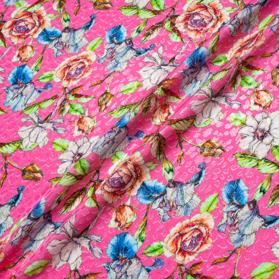 Wild Floral Printed Bubblegum Pink Silk Jacquard
