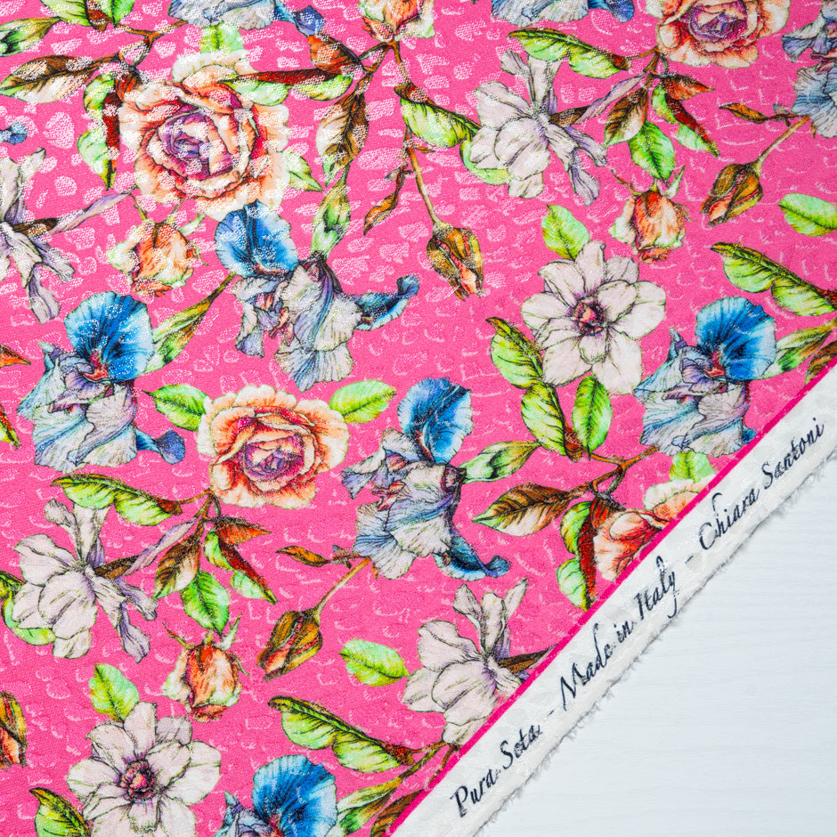 Wild Floral Printed Bubblegum Pink Silk Jacquard